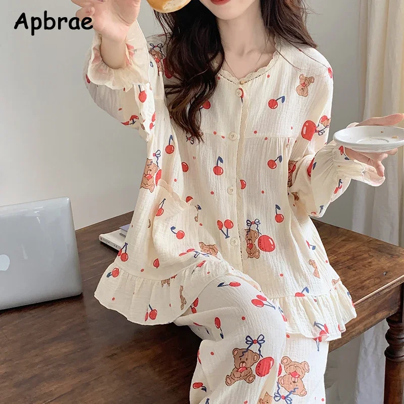 Apbrae Bubble Crepe Cotton Pajamas for Women Korean Style Homewear Kimono Pijamas Long Sleeves Loungewear Bear Print Sleepwear