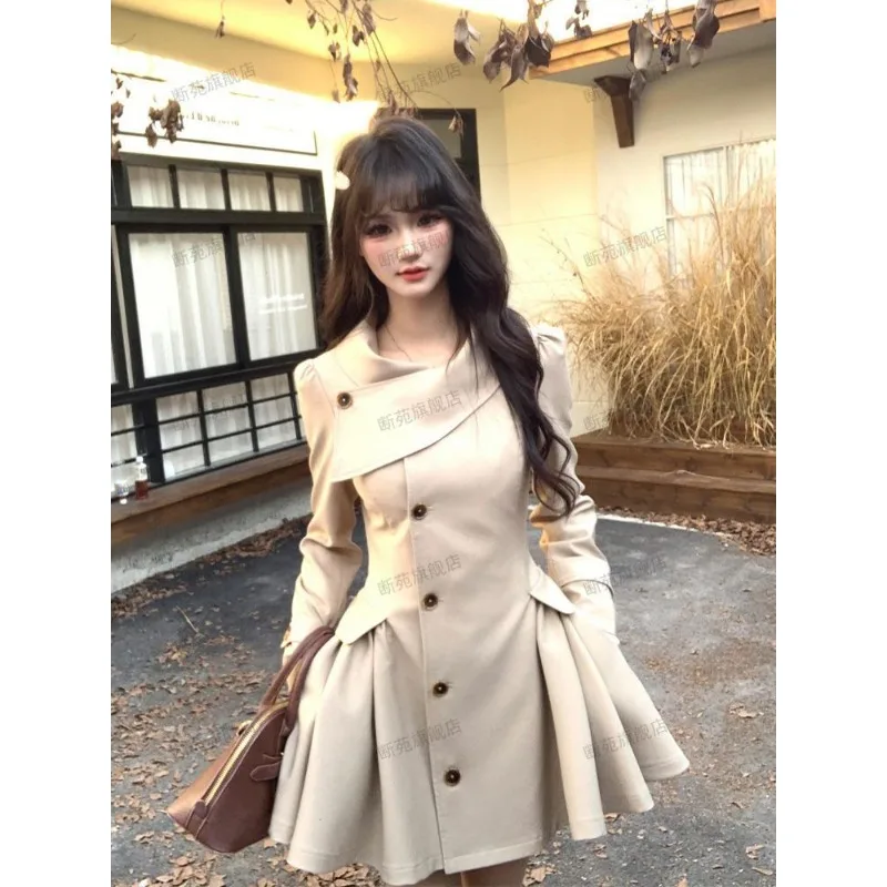 A Stylish Cinched Waist Large Skirt Trench Coat Slimming Form-fitting Single-breasted Coat Solid-color Outerwear, Bestseller.
