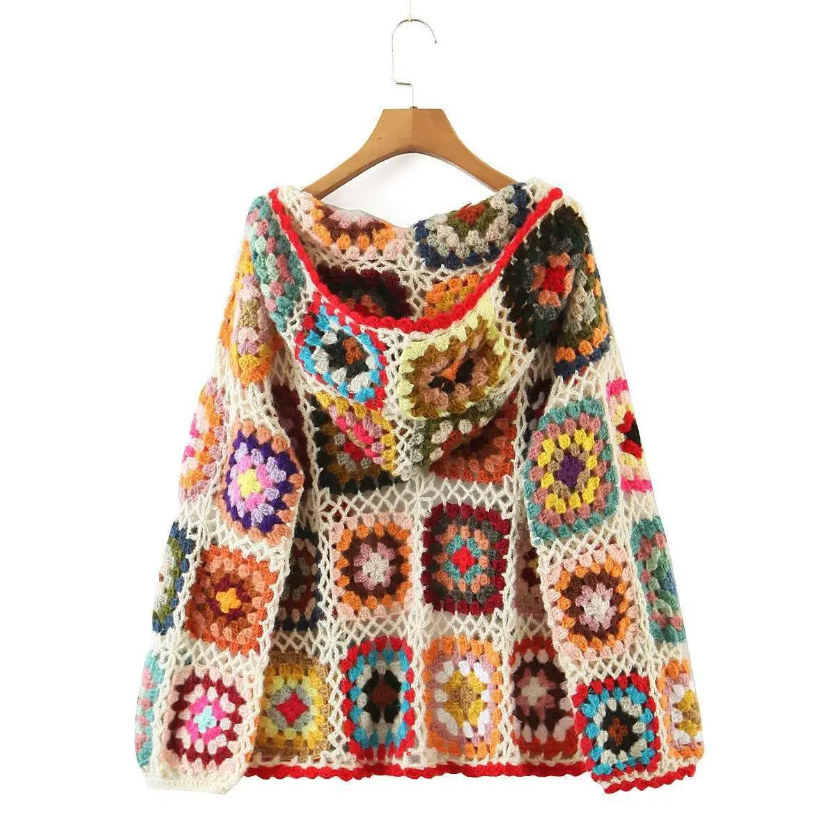 Boho Inspried crochet hand-made cardigan women square pattern knitted cardigan sweater long sleeve boho cardigan autumn winter