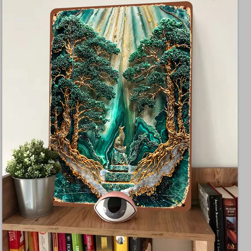 Emerald Forest Gold Foil Iron Painting LuxuryDecorative Art Animal Landscape Wall Hanging