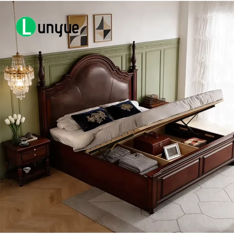Custom American Solid Wood Bed Leather Double Roman Column Design Classic Queen Size Bedroom Furniture Durable Elegant Style