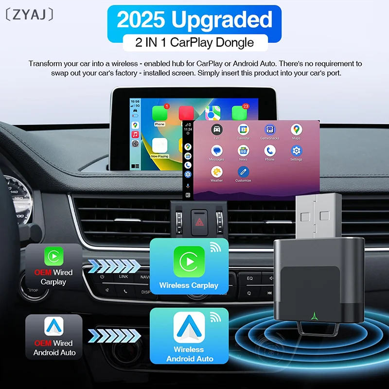 tipoZYAJ Selbst Smart AI Box для автомобиля 2 в 1, беспроводной Carplay Android, автоадаптер Plug Play, обновление автомобиля, мультимедиа
