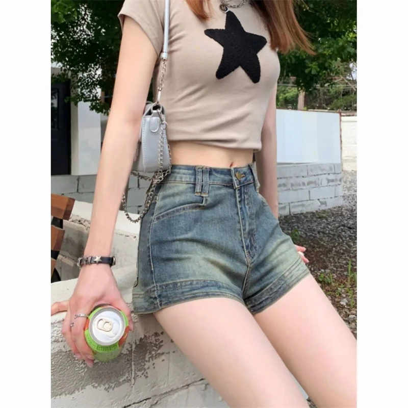 Thin section tight spicy denim shortsfemale 2024 summer Korean version of high-waisted small thin A-line package hip hottrousers