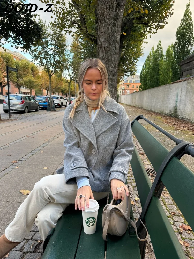 

Повседневная шерстяная куртка с v-образным вырезом, женская универсальная однотонная двубортная куртка с длинными рукавами, женская осенняя вневременная полированная женская верхняя одежда