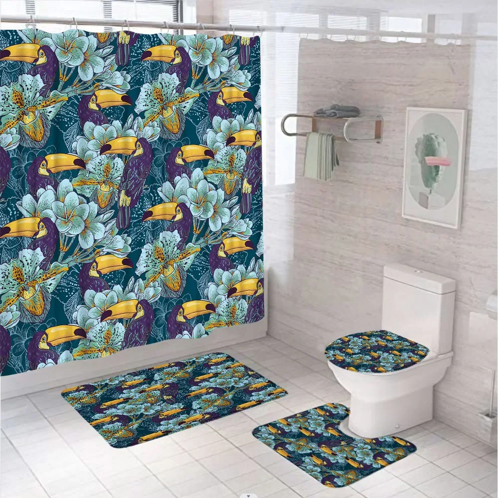 Toucan Shower Curtain Set For Bathroom Decor Bath Mats Toilet Lid Cover Carpet Rugs Tropical Plant Flower Animal Bathtub Screen