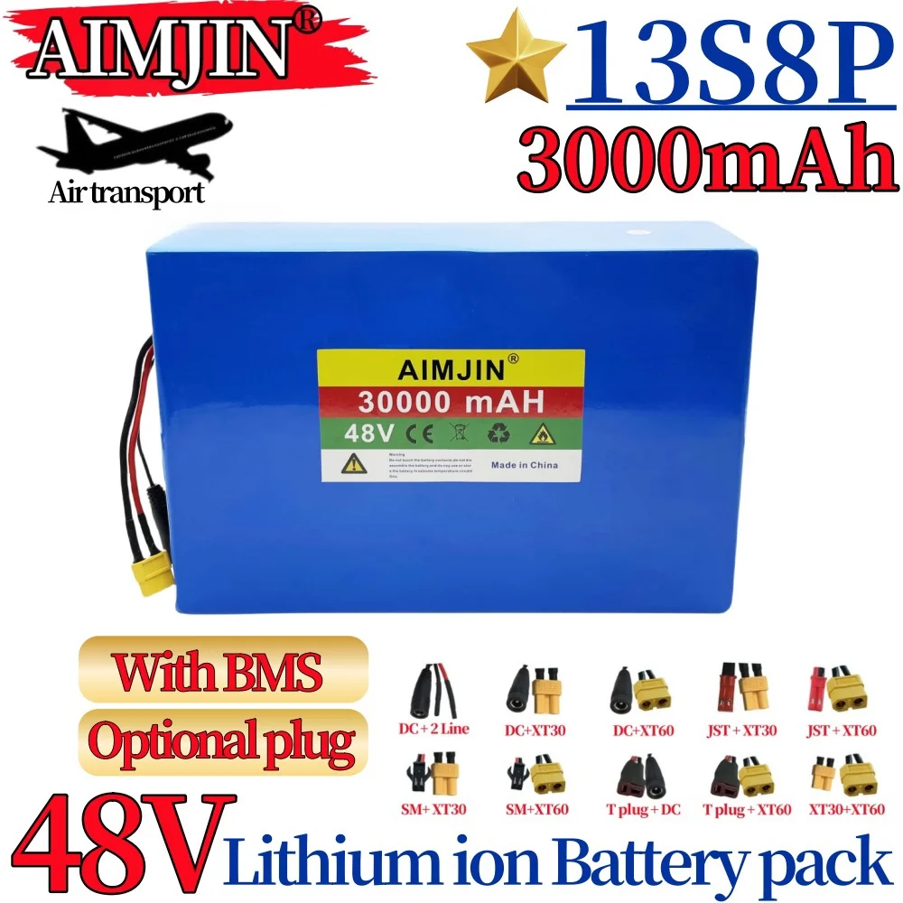 

48V 30Ah 30000mAh 18650 lithium battery pack 13S8P large capacity suitable for 48V 250-1500W built-in BMS+54.6V2A charger