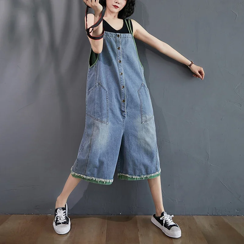 

Summer Large Size Denim Overalls Women Casual Loose Big Pockets Wide Leg Jumpsuit Women Elegance Double Shoulder Strap Jumpsuit