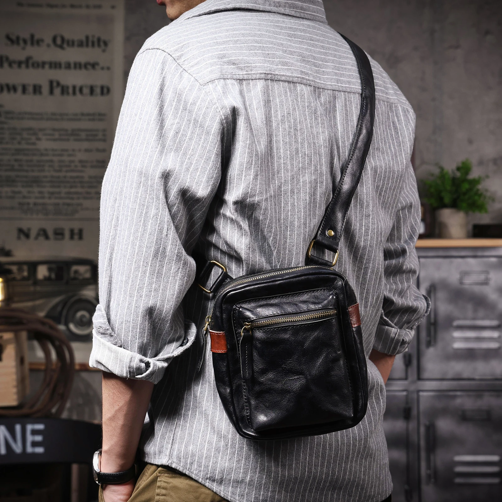 S.WORKER Vollnarbenleder-Umhängetasche für Herren, Vintage-Crossbody-Brusttasche aus pflanzlich gegerbtem Leder – Detail 6