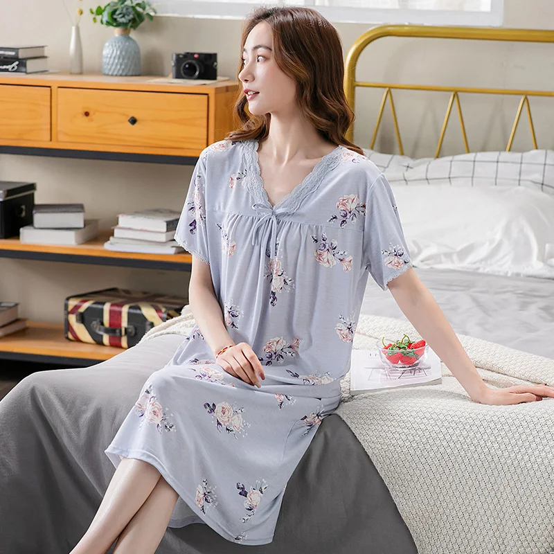 Long Nightgown Women Sleepwear Night Skirt V-Neck Short Sleeve Modal Spandex Nightdress Pijamas Small Floral Sleep Tops M-XXXL