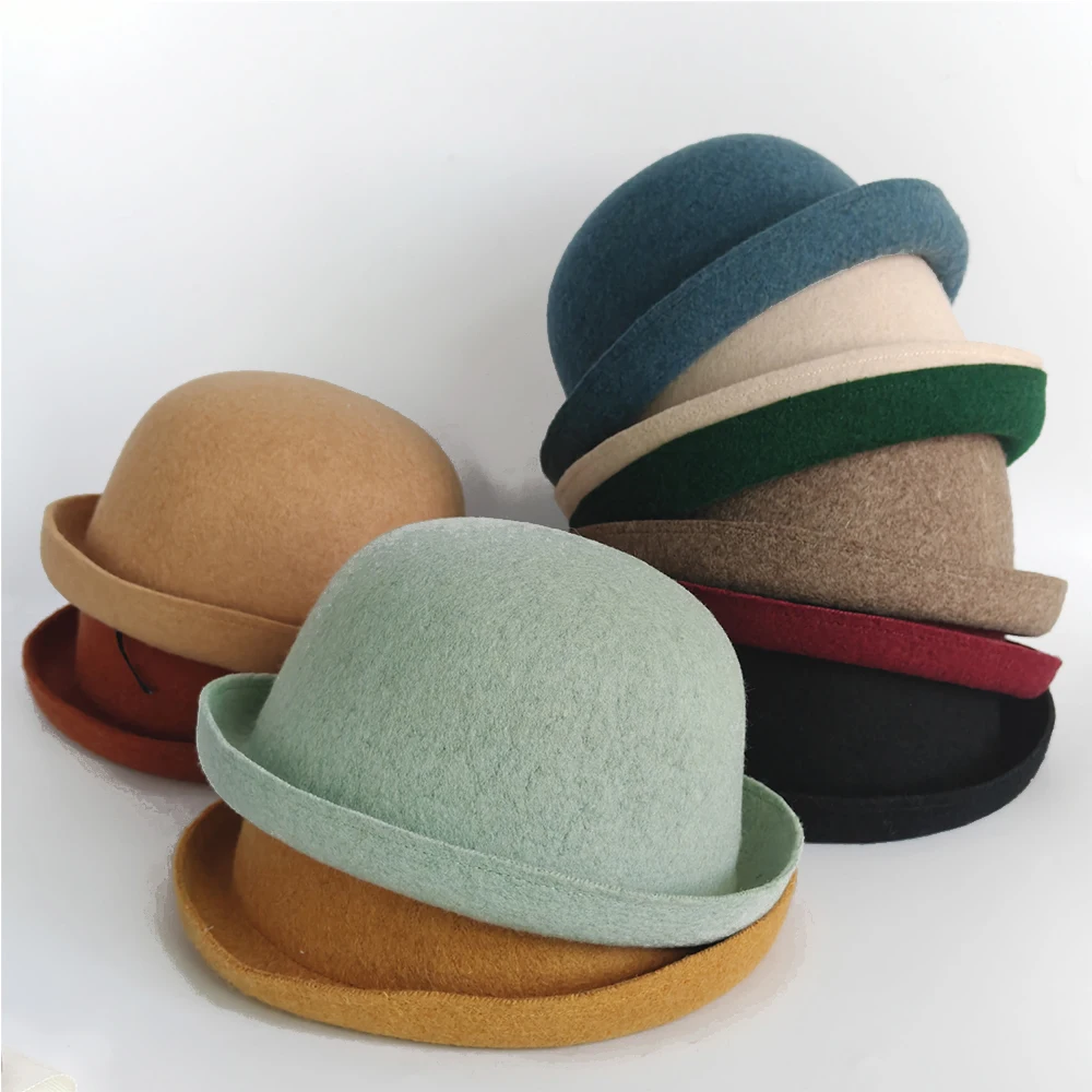New Outdoors Fedora Pure Color 100% Wool Jazz Hat Wide Brim Ladies Elegant Round Hat Bowler Hat Female Mushroom