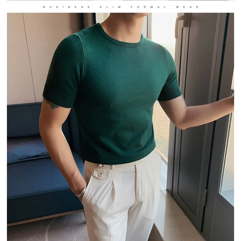 Crew Neck Sweater Slim-Fit Korean Knitted Short-sleeved Bottoming Graphic Jumper Men Clothes Camisas Masculina Versatile T-shirt