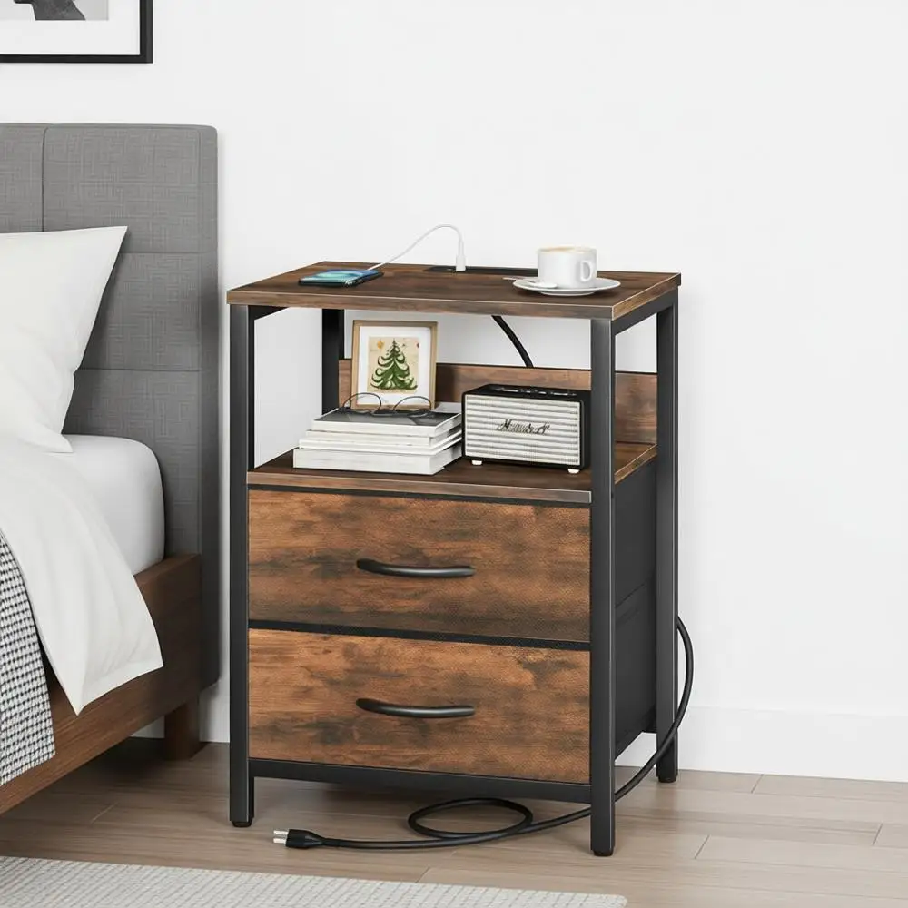 

Nightstand with Charging Station, Fabric Drawers and Storage Shelf for Small Bedrooms, Bed Table with USB & Outlets