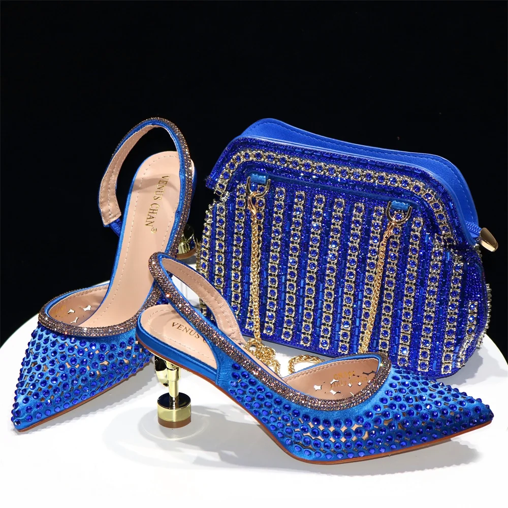 Doershow New Arrival African Wedding Shoes and Bag Set blue Color Italian Shoes with Matching Bags Nigerian lady party  HRE1-29