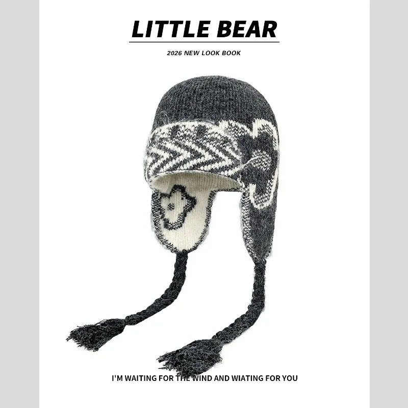 Women Retro Floral Jacquard Earflap Beanies Fuzzy Knitted Winter Hat with Braided Tassel Y2K Aesthetic Streetwear Warm Ski Cap