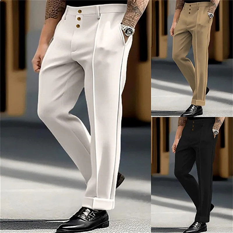 Men's Dress Pants Solid Color Button Straight Leg Suit Trousers Formal Slim Fit Casual Slim Trousers