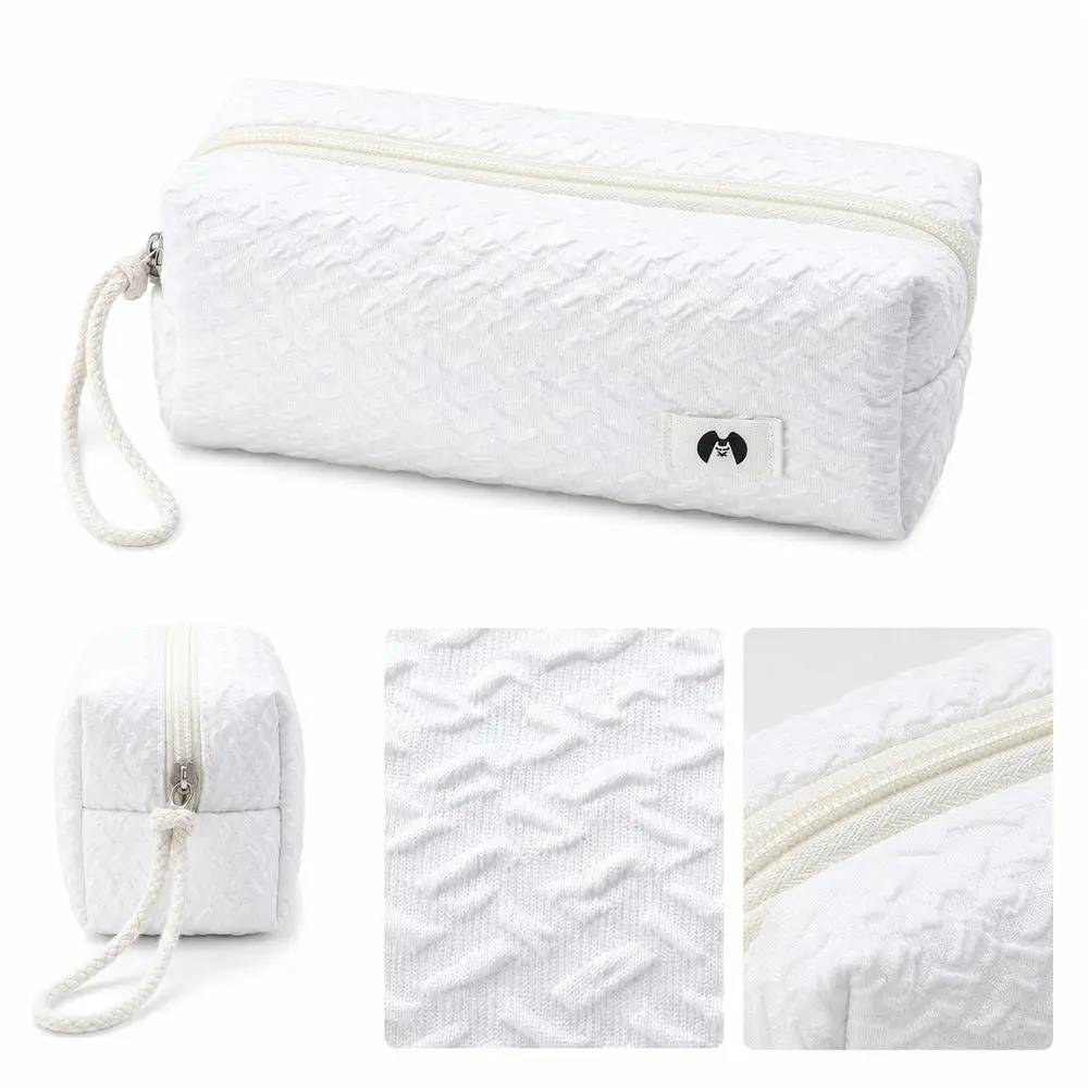 Textured Surface Zipper Pouch Zipper Closure Wrist Strap Makeup Bag Soft Fabric White Cosmetic Bag Daily Organization