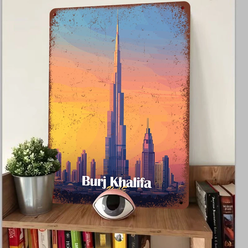 Burj Khalifa Dubai UAE Skyline Metal Wall Art Modern Cityscape Home Decor Painting for Living Room Office Decoration