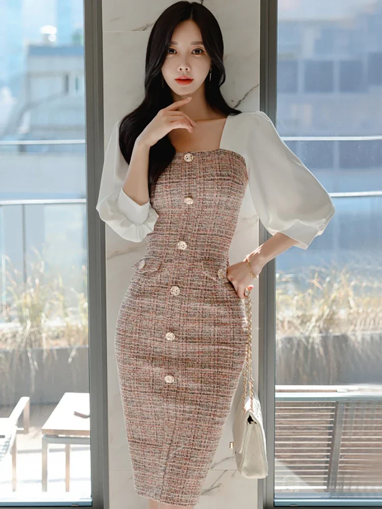 Women Korean Vintage Bodycon Party Vestidos 2025 Plaid Square Collar Chic Office Lady Dress Autumn Winter Elegant Casual Dresses