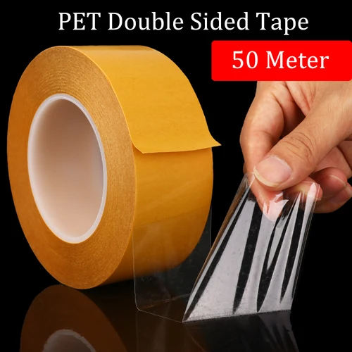 Cinta de doble cara PET de 50M, resistente a altas temperaturas, sin rastro, transparente, resistente al calor, cinta adhesiva de doble cara fuerte, 1 Uds.