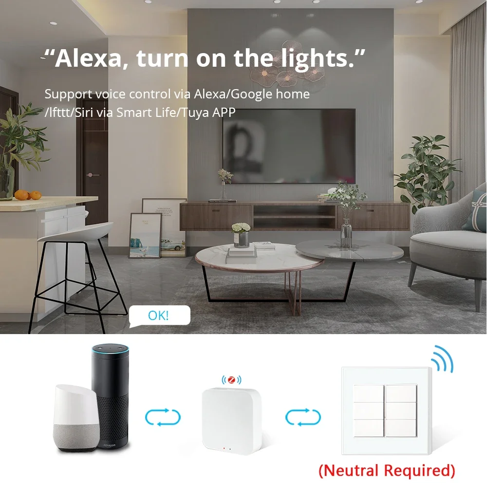 Zemismart Tuya 6 Gangs Zigbee Smart Wall Light Switch 4x4 Neutral Required Push Button Switches Alexa Google Home Remote Control