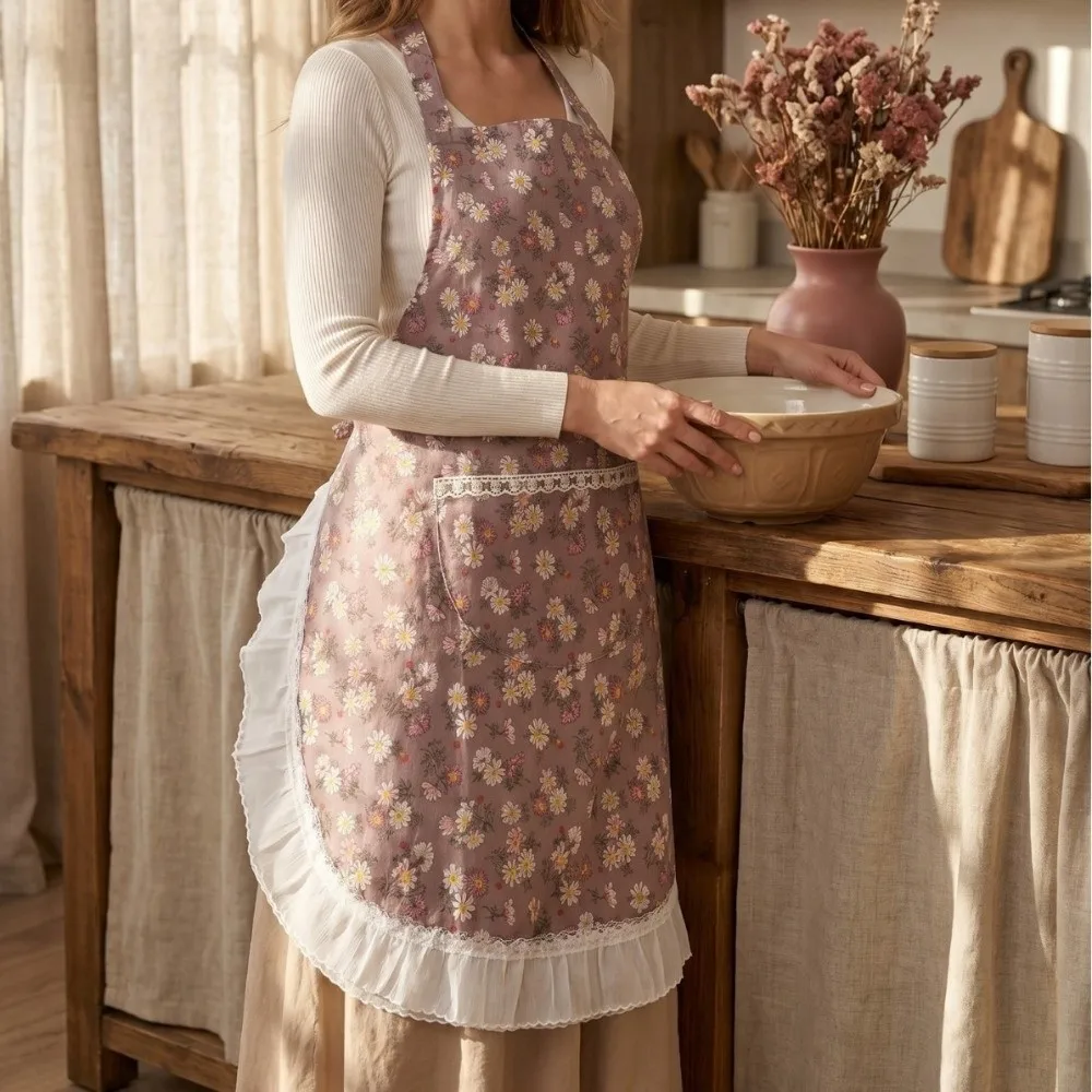 Creative Stain Resistant Neck Hanging Apron Floral Lace Wear Resistant Kitchen Apron Breathable Soft Canvas Apron Floral Shop