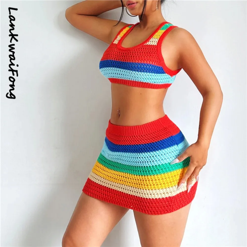 Knitted Rainbow Patchwork Mini Dress Women Casual Sleeveless with Holes O-neck Skinny Vestido Female Trend Street Bodycon