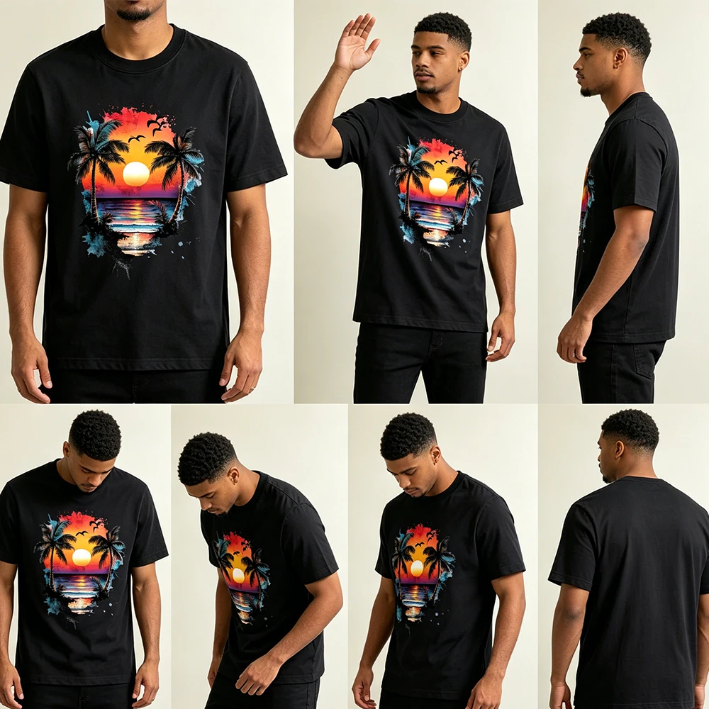 Camiseta de Verano para Hombre, de Algodón, Manga Corta, Informal, con Estampado Gráfico de Palmeras y Atardecer Tropical, Idea de Regalo
