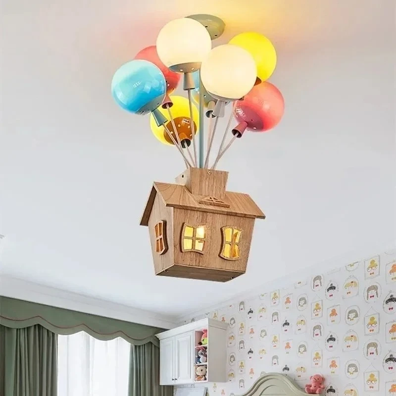 

Modern Wooden House Ceiling Light Colored Acrylic Balloon Lampshade Creative Bedroom Living Room Restaurant Kitchen Hanging Lamp