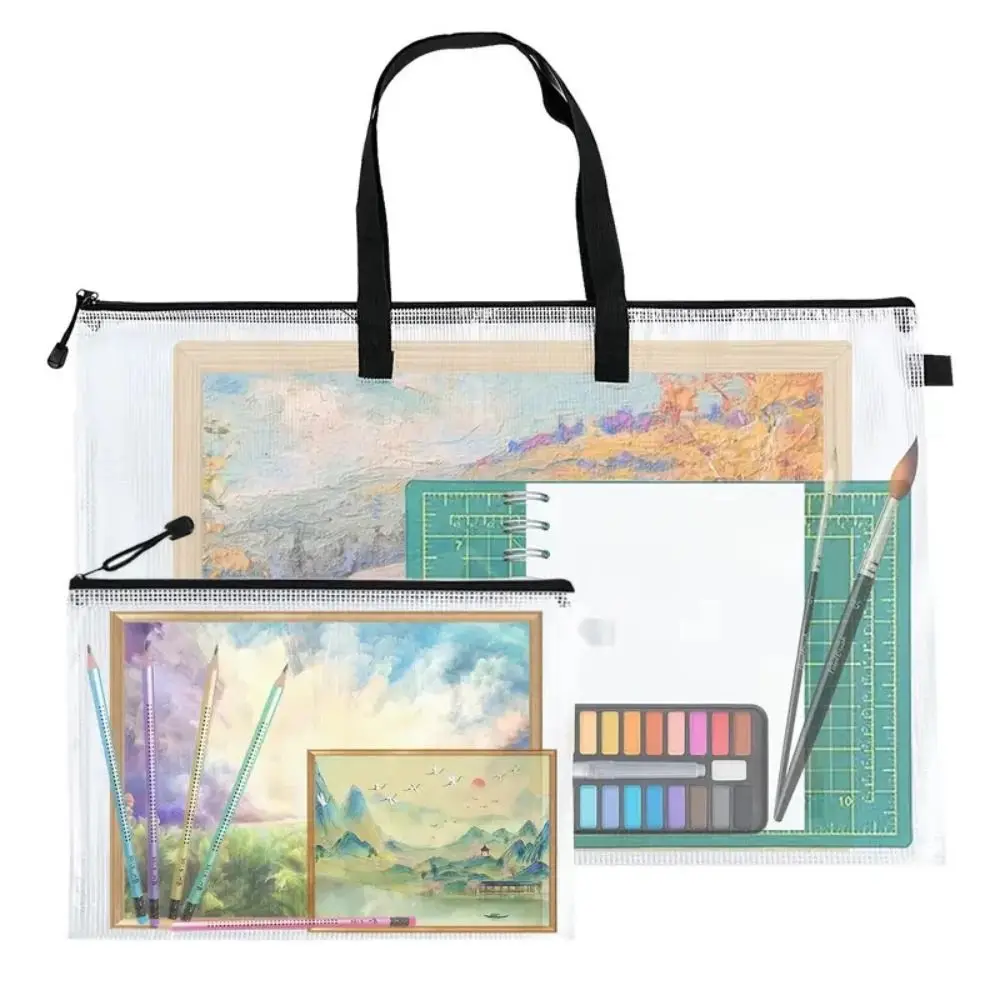 with Zipper and Handle Art Portfolio Bag Mesh PVC Multifunctional Mesh Art Bag Waterproof Thickened Project Bag Office Supplies
