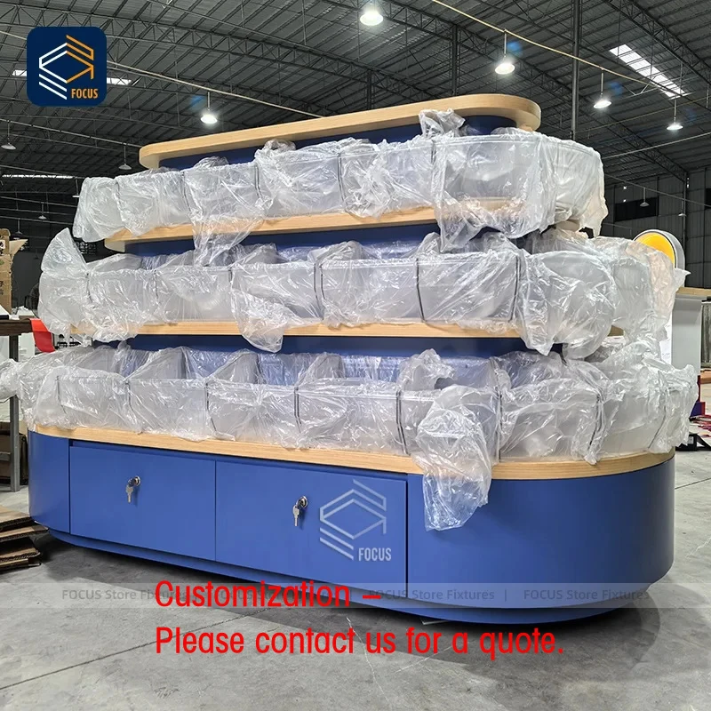 custom.Custom Blue Wooden Multi Layer Retail Display Rack Lockable Storage Drawer Island Display Fixture