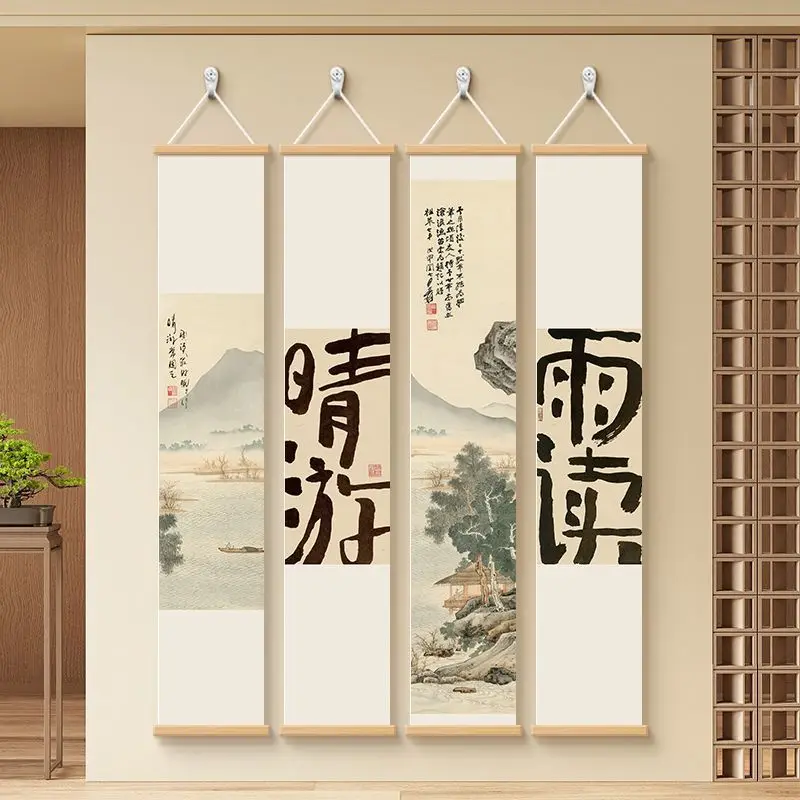Wall Art Aesthetic Room Decor | Japanese Zen Karesansui Scroll Calligraphy for Study Tea Room Entrance Minimalist Home