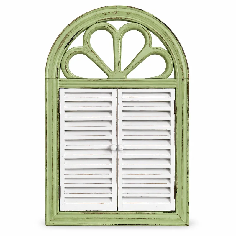 Rustic Arched Window Frame Wall Decor with Louvered Shutters, Distressed Green and White Wood, Vintage Farmhouse Style
