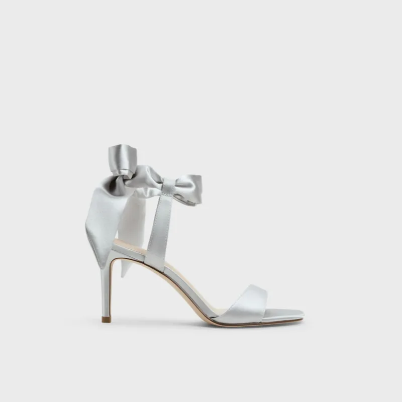2026 Women's Silver Satin Fabric Large Bow Tie Ankle Strap Open Toe Square Toe Stiletto High Heel Party Sandals Q-676 view 6