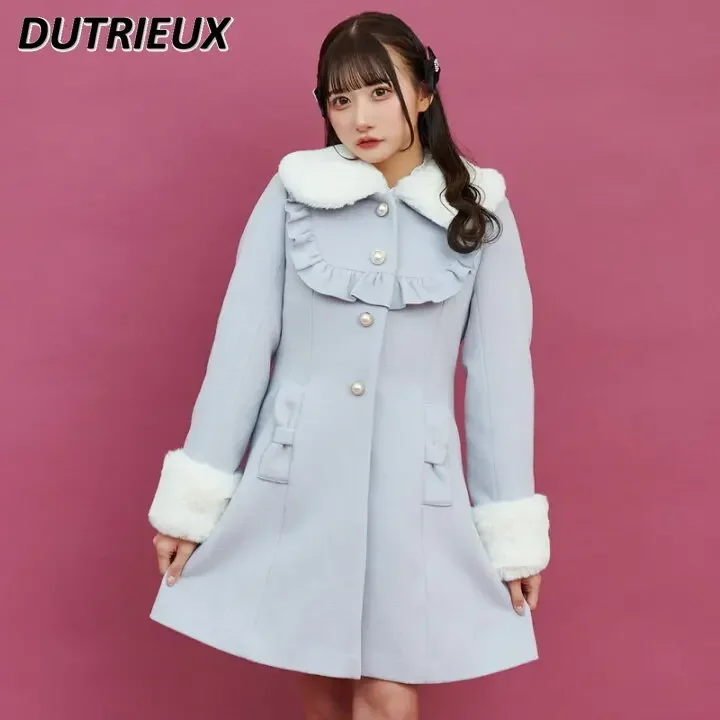 

Winter New Versatile Solid Color Wool Overcoat Lady Cute Sweet Pearl Buckle Furry Fur Collar Woolen Mid-length Coat for Women