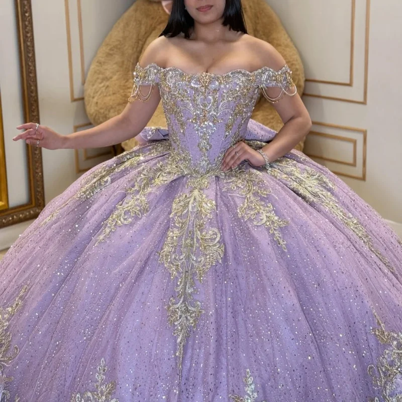 Shiny Lavender Quinceanera Dress off-shoulder Glitter Crystal Decal Lace Long tail Bow vestidos de 15 Quinceanera ﻿Customize