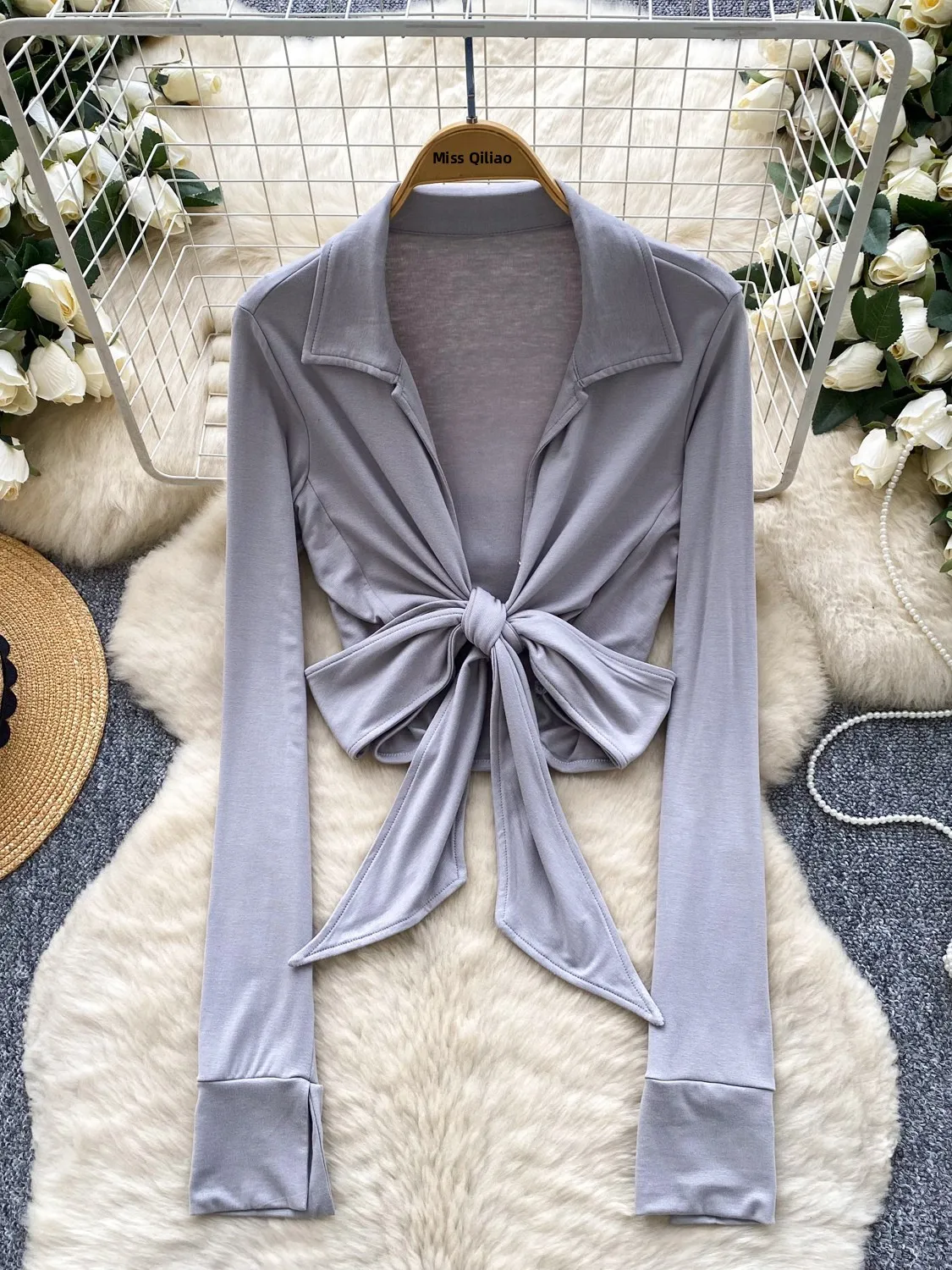 

Pure Desire Spicy Girl Knot Waist Cinched V-Ne Long Sve Женская футболка Slim Fit Belly Baring ort Top