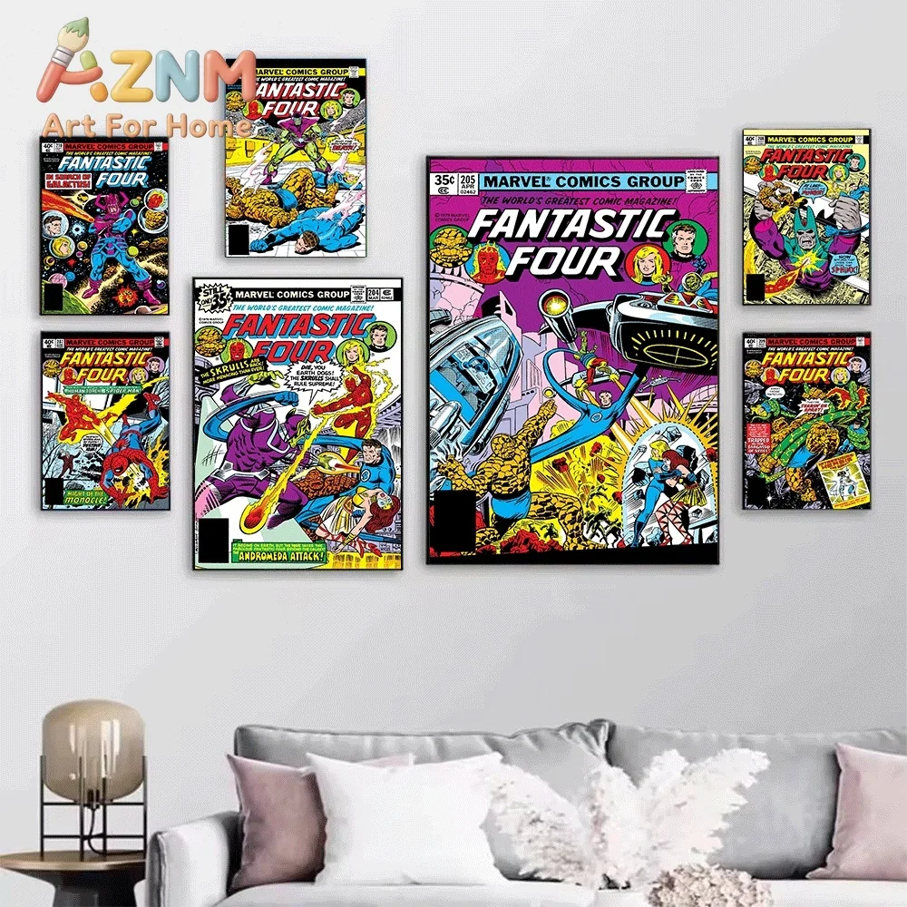 AZNM Fantastic Four 4 Dooms to Destroy The FF Vintage Comic Collage Canvas Wall Art Unframed Print, Superhero Poster for Bedro
