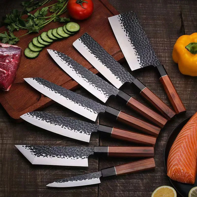 

1-7pcs Salmon Sushi Slicing Knife Japanese Kitchen Knives Hammered Chef Knife 90Cr18MoV Santoku Knives Meat Cleaver