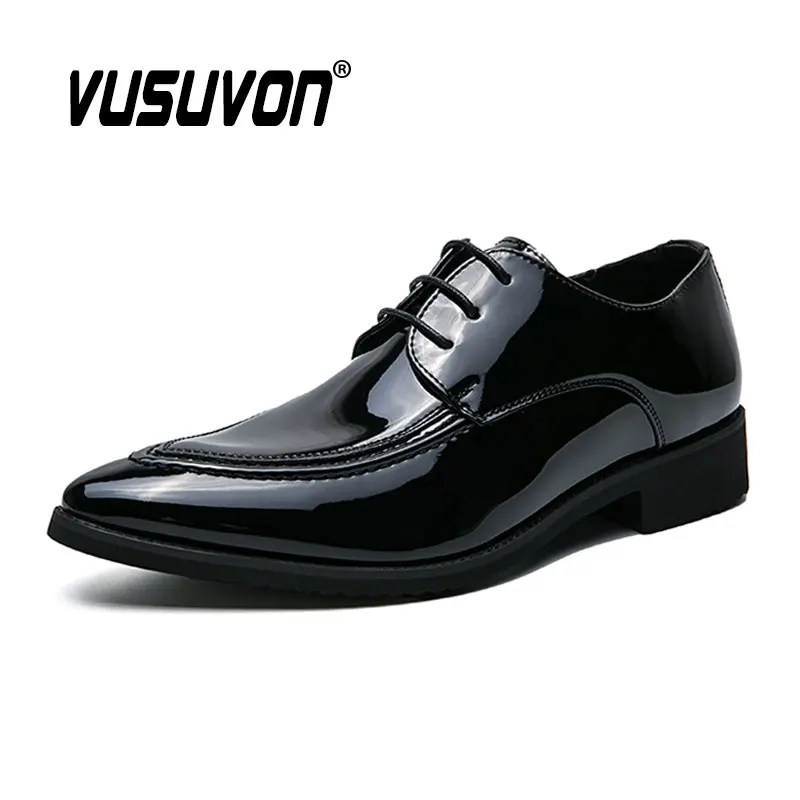 Derby Shoes Fashion Men's Luxury Lace-up Wedding Pointed Toe Dress Flats Classic Patent Leather Loafers Size 38-46