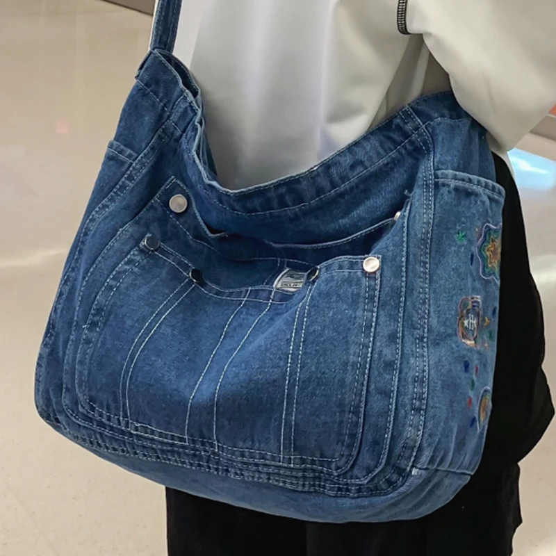 2024 Female Denim Shoulder Bag Vintage Embroidered Women's Large Shopper Original Handbag Ladies Light Blue Niche Crossbody Bags