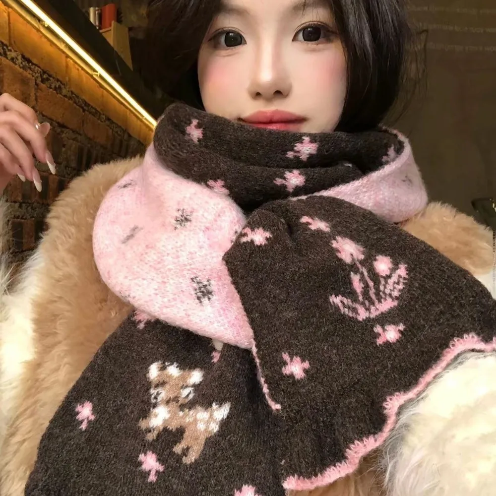 New Little Deer Knitted Scarf Double-Sided Warm Cashmere Scarves Thickened Lace Trim Shawl Wrap Women