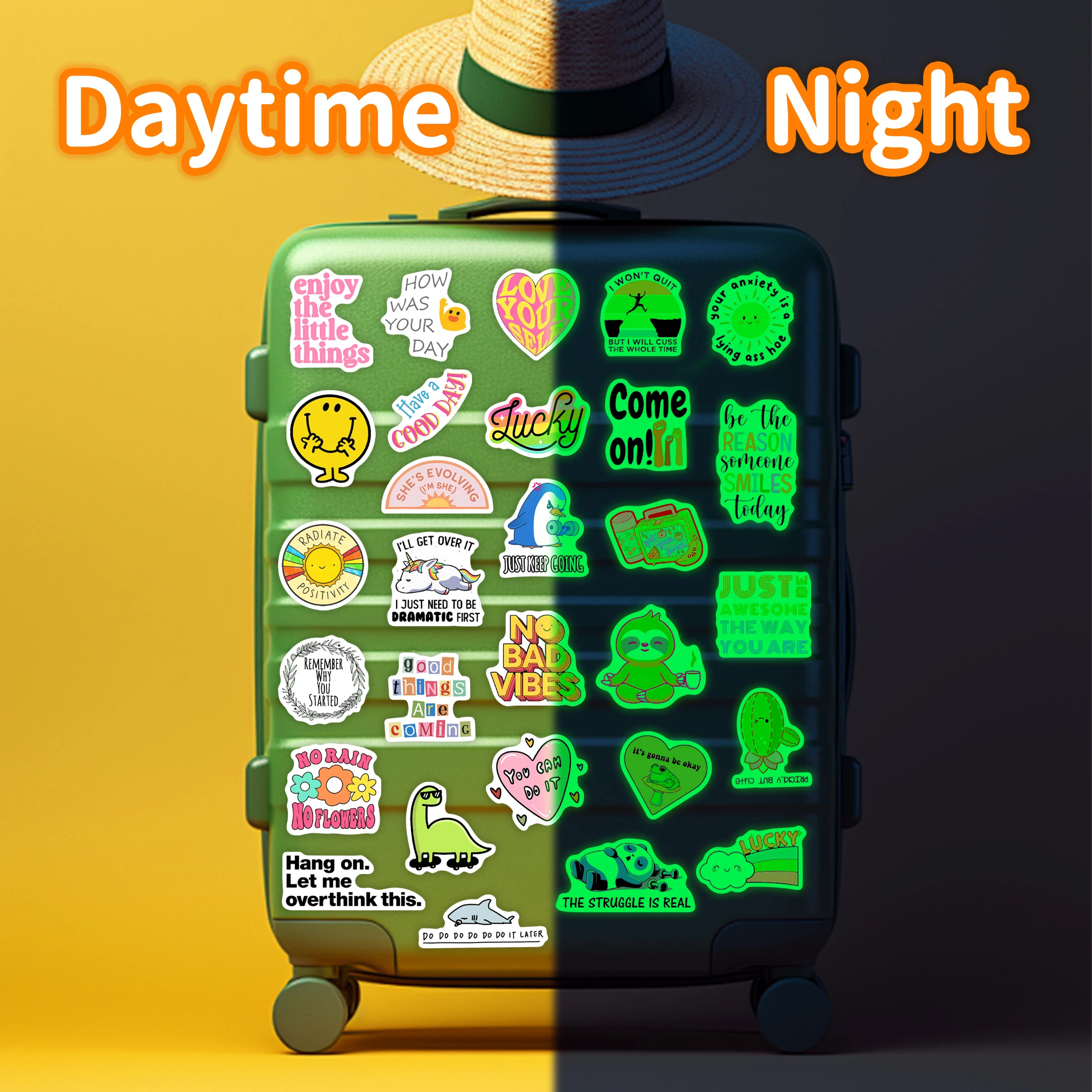 51 قطعة من ملصقات Lucky Glow in the Dark المقاومة للماء من الفينيل وزجاجة مياه لتزيين كتب الكمبيوتر للأطفال والمراهقين لعبة ذاتية الصنع