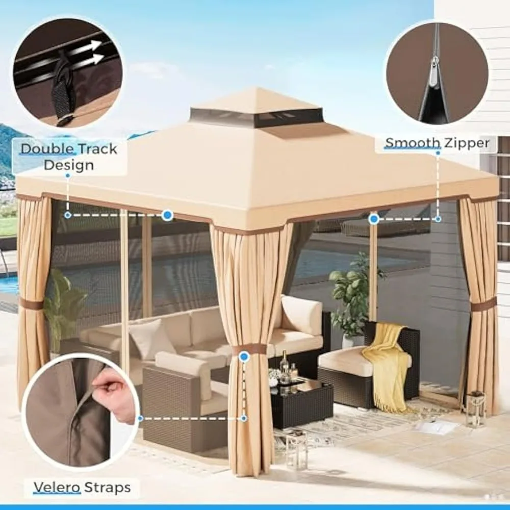 

10x10 Outdoor Garden Gazebo Steel Vented Double Roof Patios Canopy with Mosquito Netting for Backyard Lawns