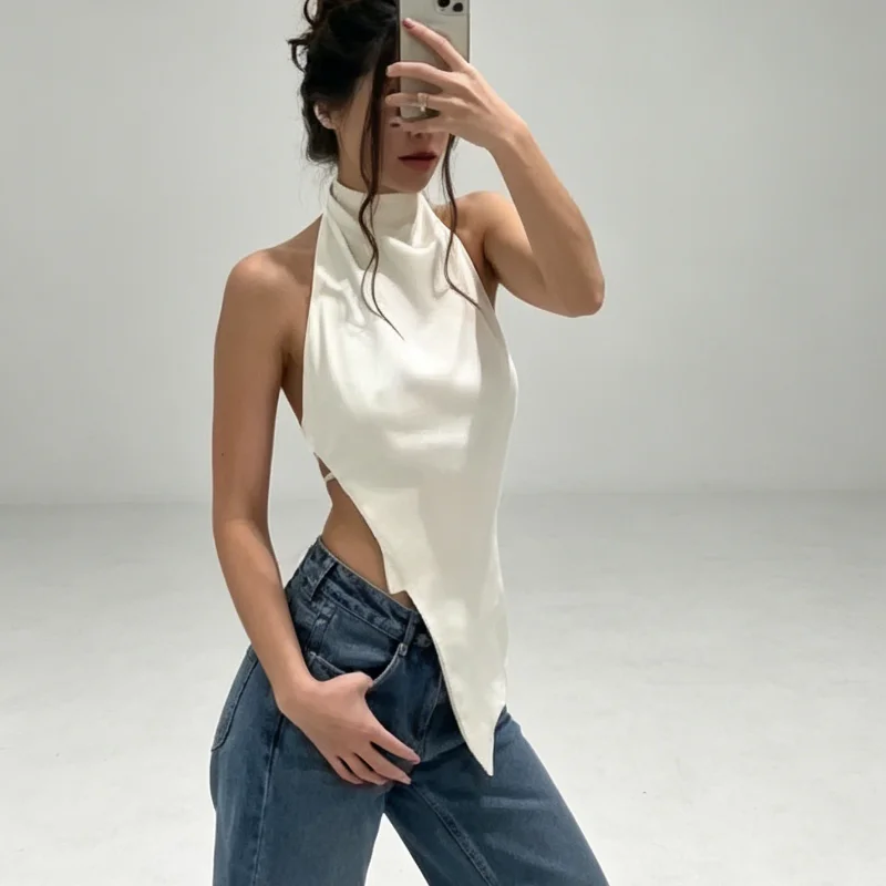 Halter Tie Back Satin Top Women High Neck Sleeveless Asymmetrical Hem Multi Strap Open Back Blouse Lady's Date Club T-Shirt