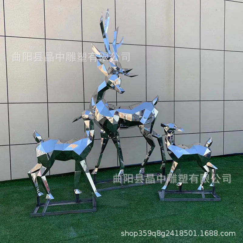 Mirror stainless steel deer sculpture geometric section deer metal wrought iron weaving hollow luminous garden landscape outdoor
