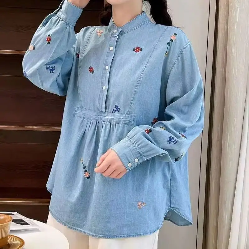 Mori kei fashion stand collar long sleeve denim shirts & blouses fall clothes 2024 women tops flowers embroider jean blouses