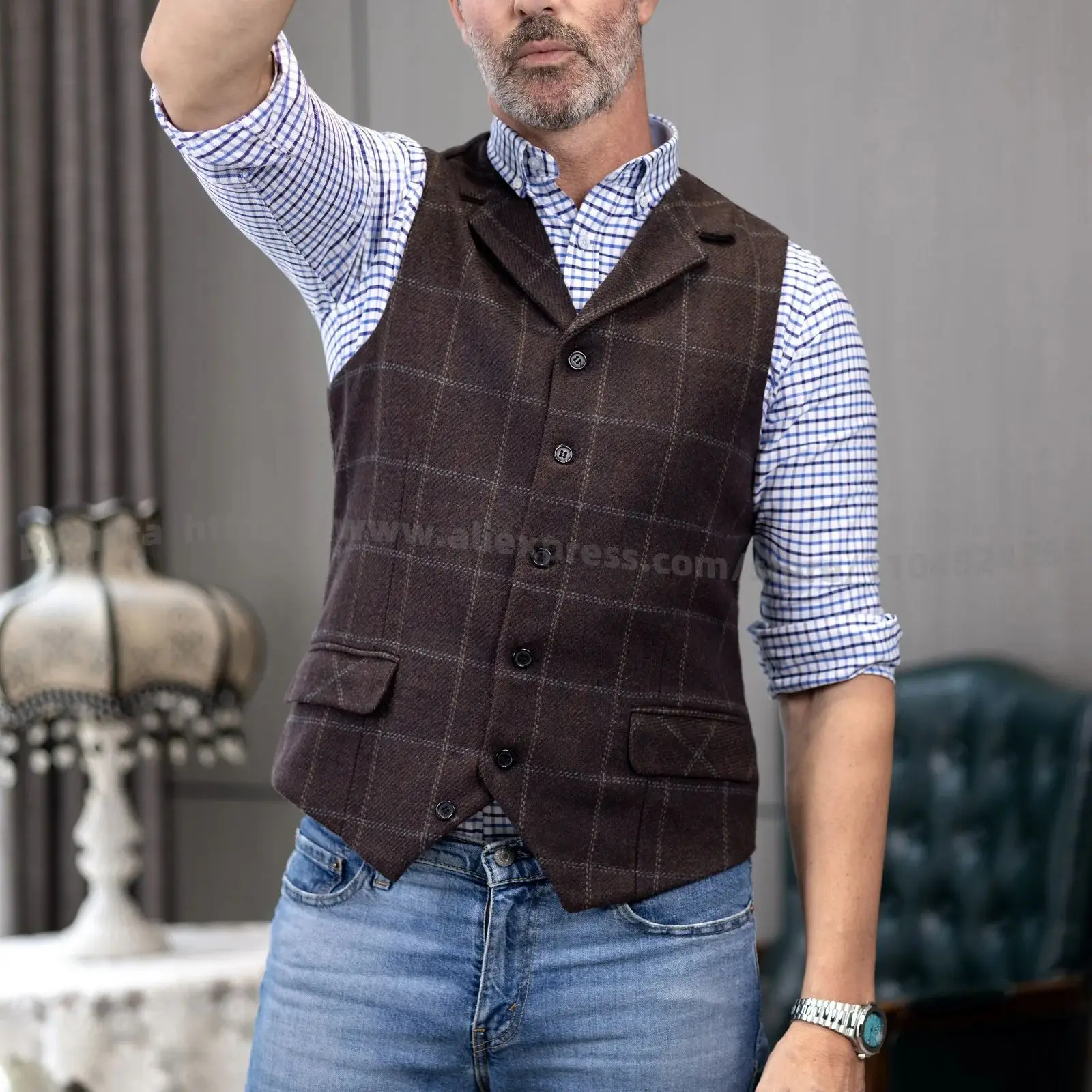 Bylunta Mens Suit Vest Notched Plaid Wool Herringbone Tweed Waistcoat Casual Formal Business Groomman For Wedding