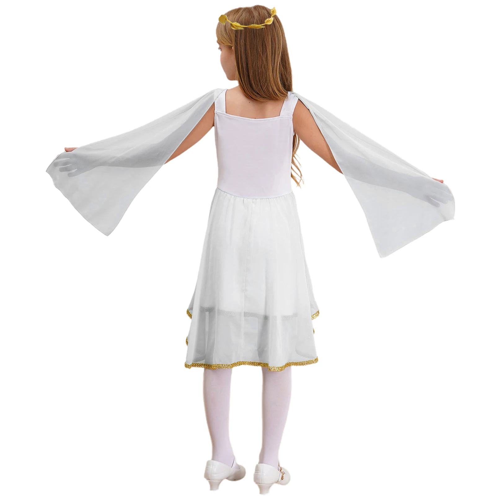 Kids Girls Ancient Greek Toga Costume Athenian Princess Roman Empress Short Dress Robe+Wreath Headband Set for Halloween Cosplay