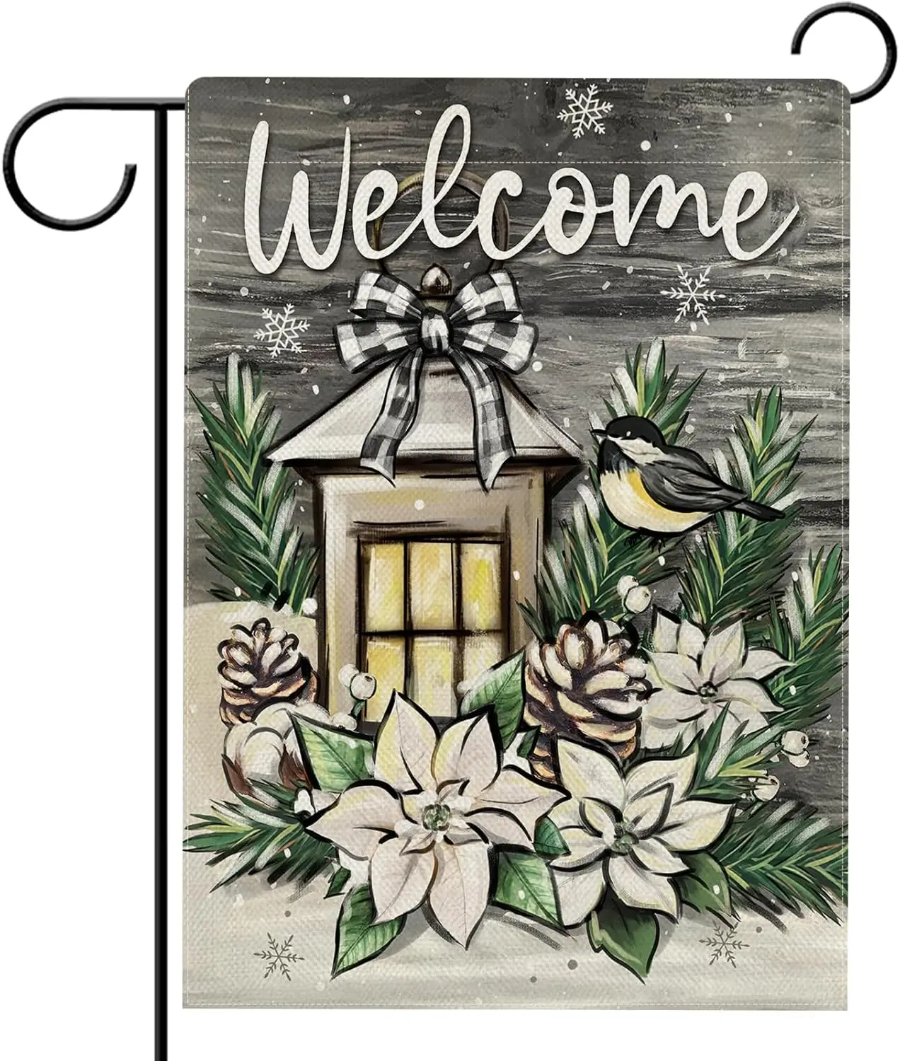 Hzppyz Welcome Winter Lantern Poinsettia Garden Flag Double Sided, Chickadee Bird Pine Cone Bow Snow Decorative Yard Outdoor Hom