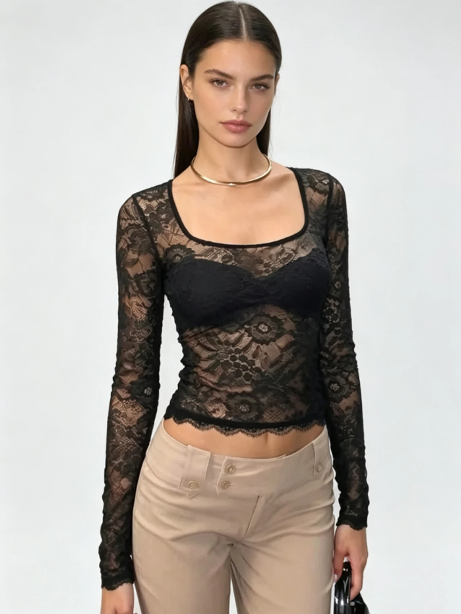Women Black Gothic Dark Square Neck Lace T-shirt Long Sleeve Tee Top Y2K Gyaru Emo Vintage Thin Cropped T-shirt for Women Summer